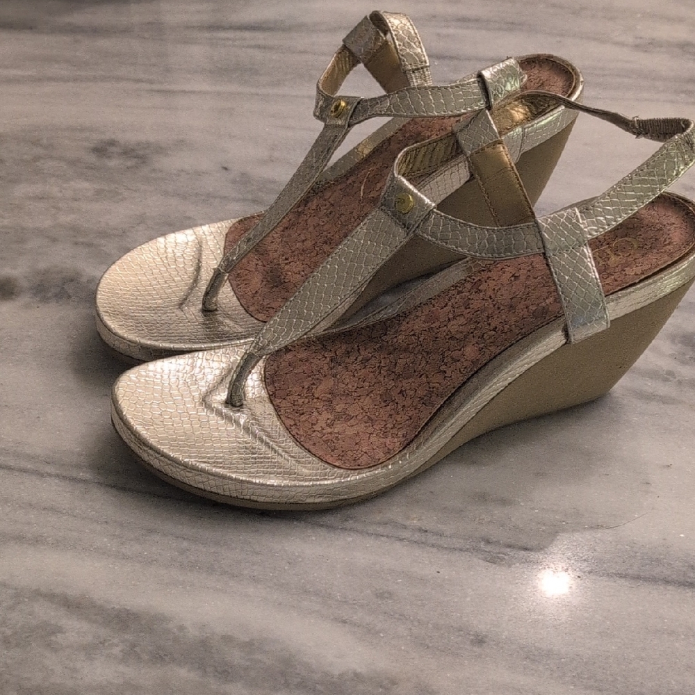Chaps Silver and Tan Wedge Sandals
